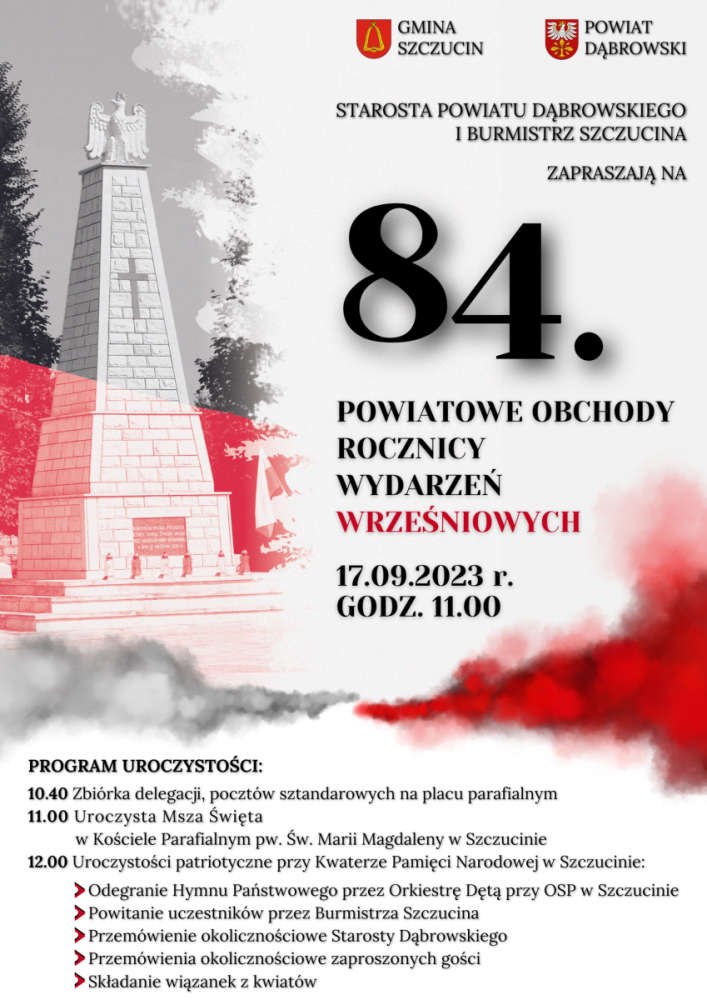 Plakat: 84. Powiatowe Obchody Rocznicy Wydarzeń Wrześniowych 