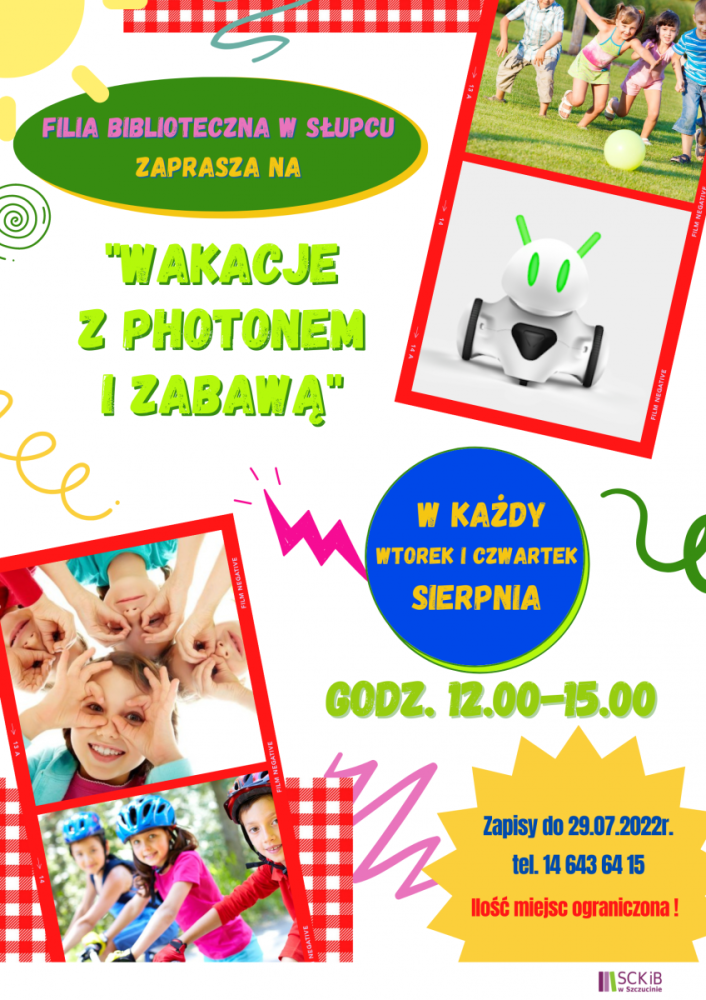 Plakat: zajęcia wakacyjne w Filii Bibliotecznej w Słupcu