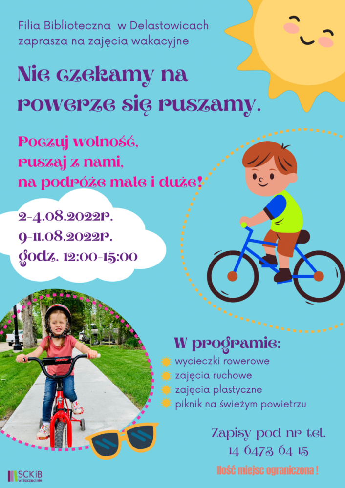 Plakat: Zajęcia wakacyjne w Filii Bibliotecznej w Delastowicach